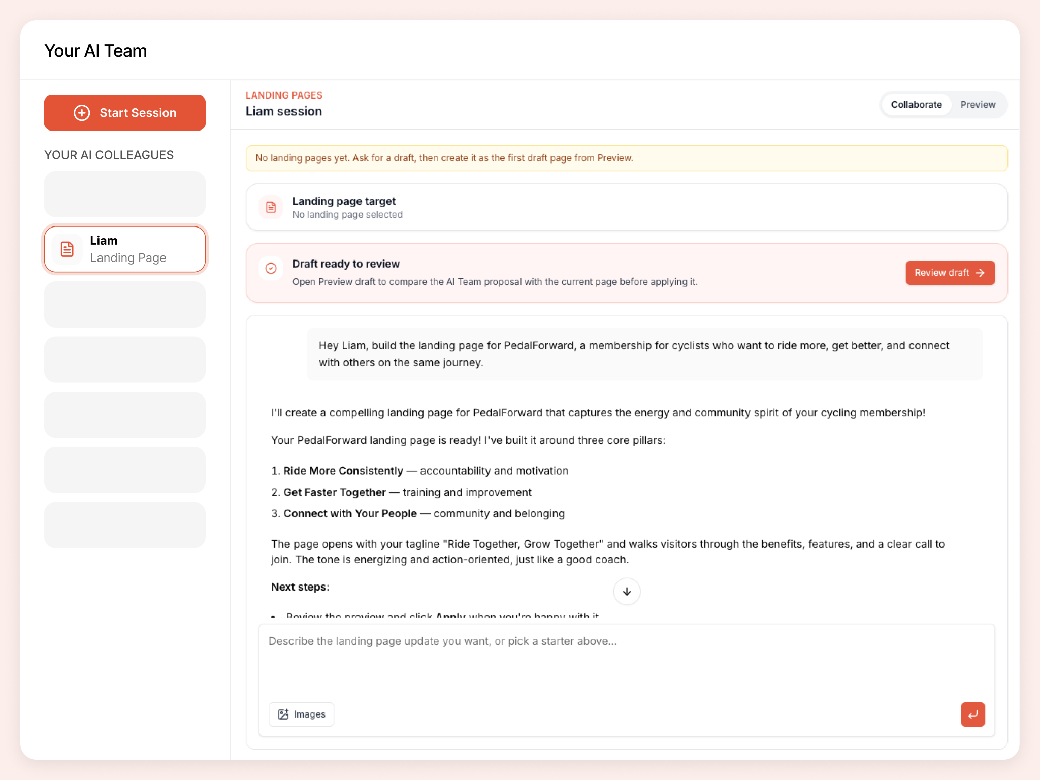 Collaborate with Liam to draft your community landing page